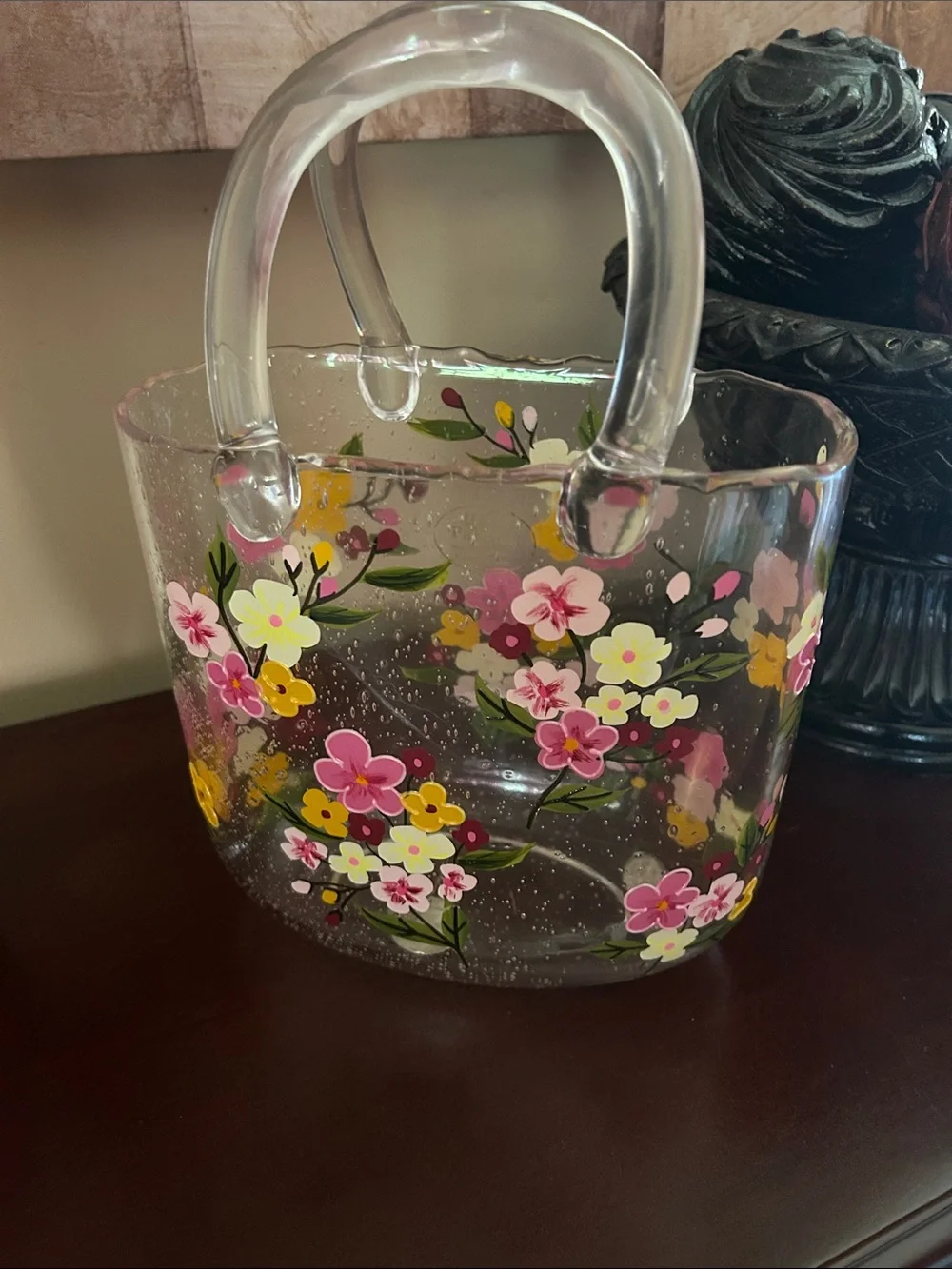 Clear Floral Glass Tote Vase - Pink & Yellow Floral Accent